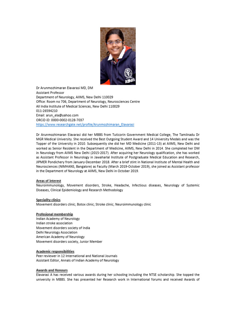 Dr. Arunmozhimaran Elavarasi: Neurologist Profile | PDF | Doctor Of ...