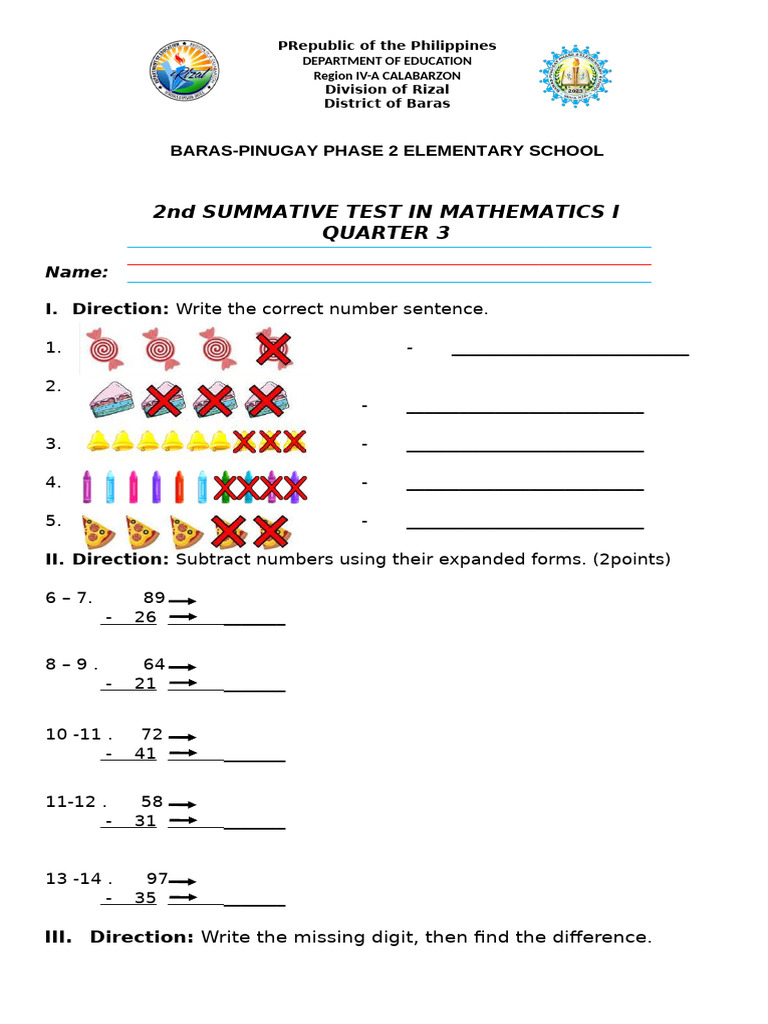 2nd Summative Math Test for Grade 1 | PDF