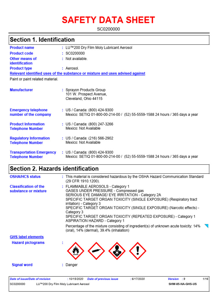 LU™200 Moly Lubricant Safety Data Sheet | PDF | Personal Protective ...