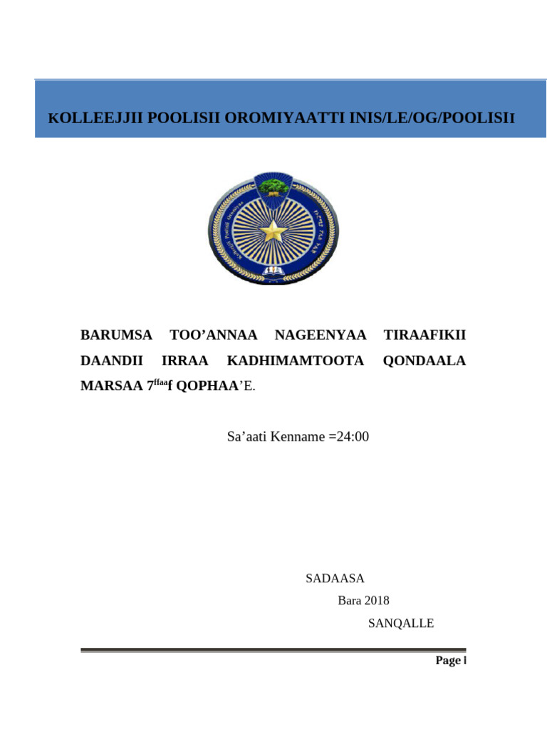 Barumsa Too'Annaa Tiraafikaa Haaraa Fooyya'e 2018 | PDF