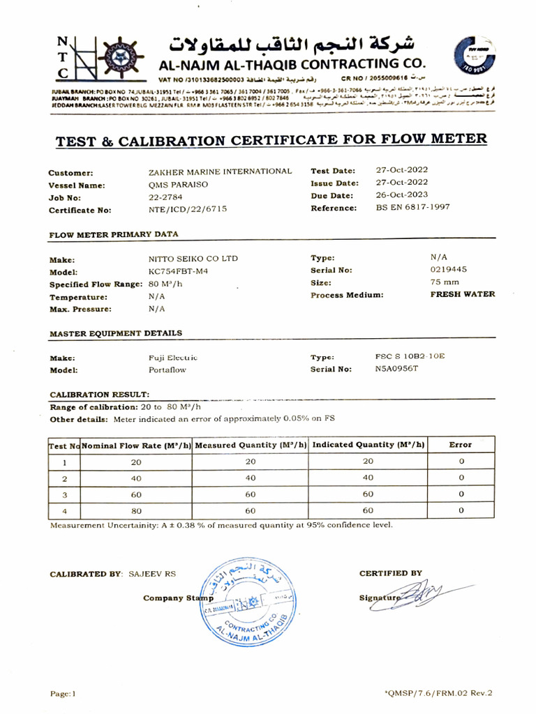 Flow Meter Calibration Certificate | PDF | Calibration | Quantity
