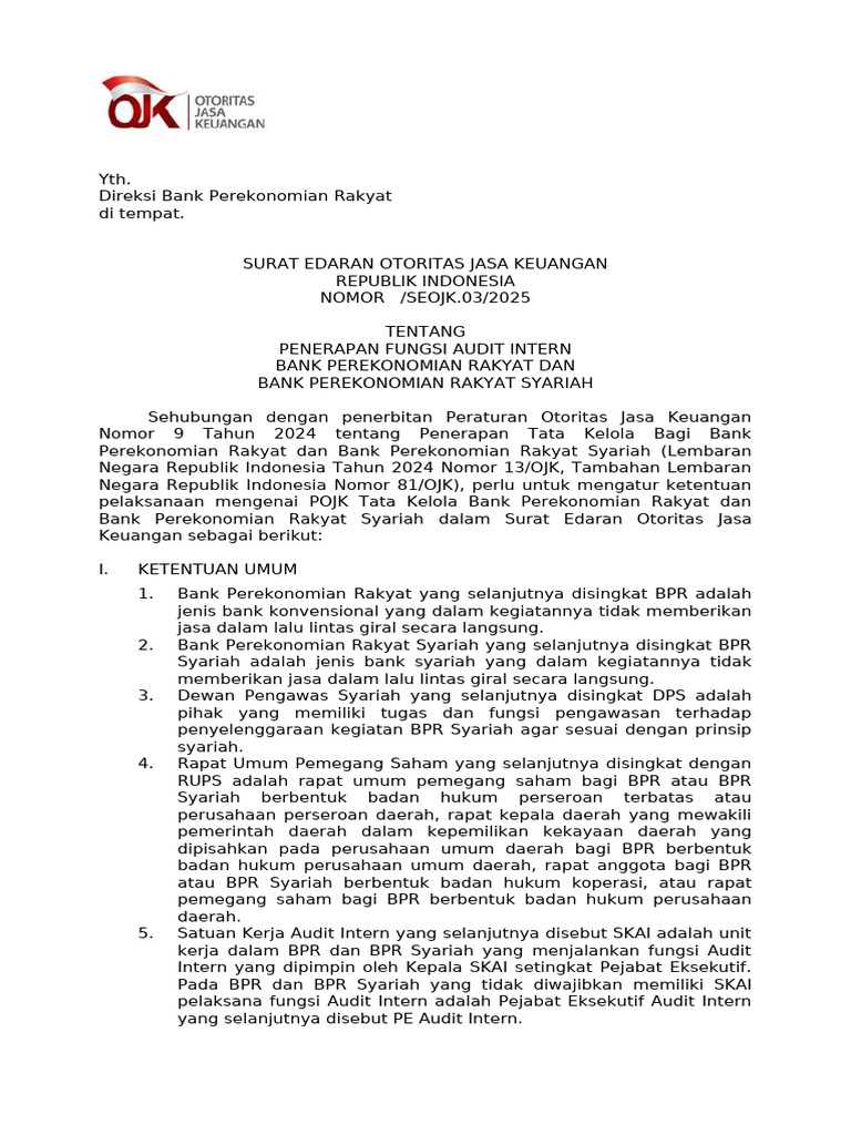 Pedoman Audit Intern BPR dan BPRS 2025 | PDF