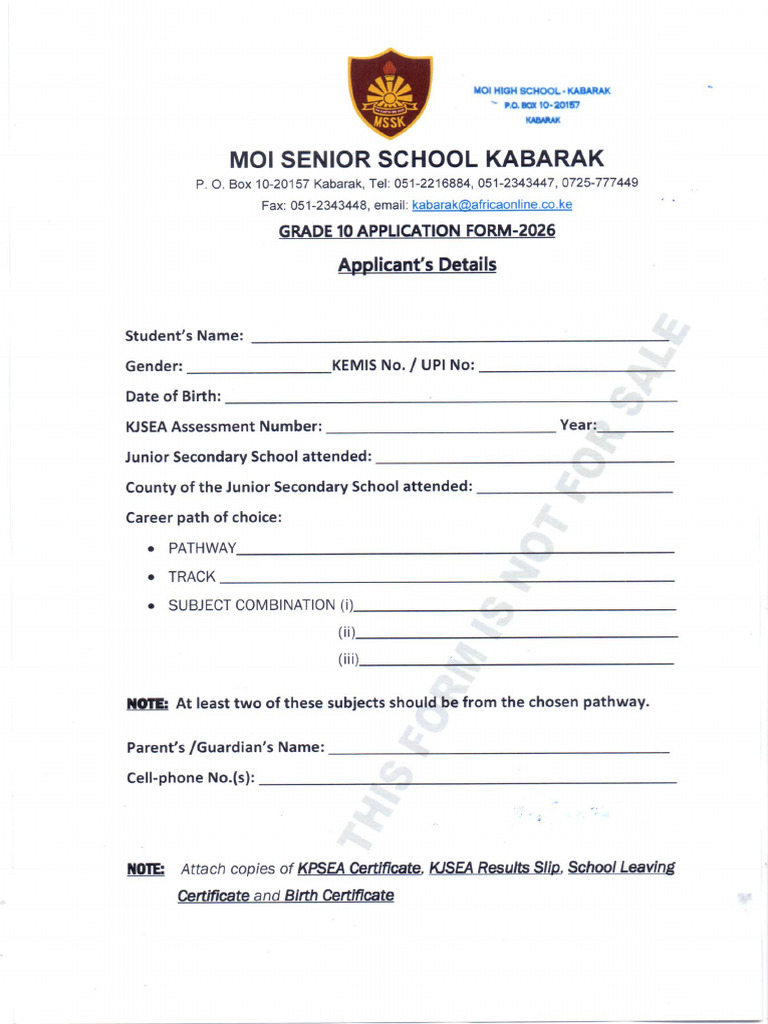 Moi Senior School Kabarak Grade 10 Application Form - 2026 | PDF