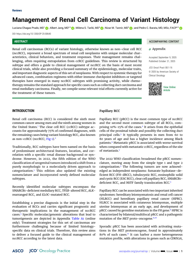 Management of Renal Cell Carcinoma of Variant Histology: Reviews | PDF