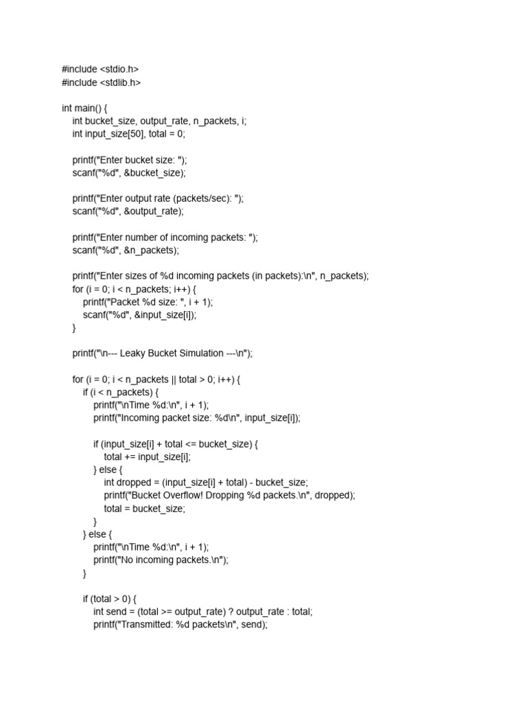 Leaky Bucket Algorithm Simulation Code | PDF
