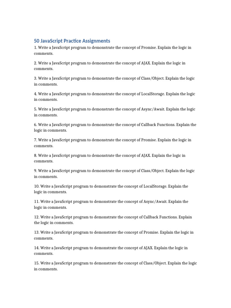JavaScript Practice Assignments Guide | PDF | Java Script | Ajax ...