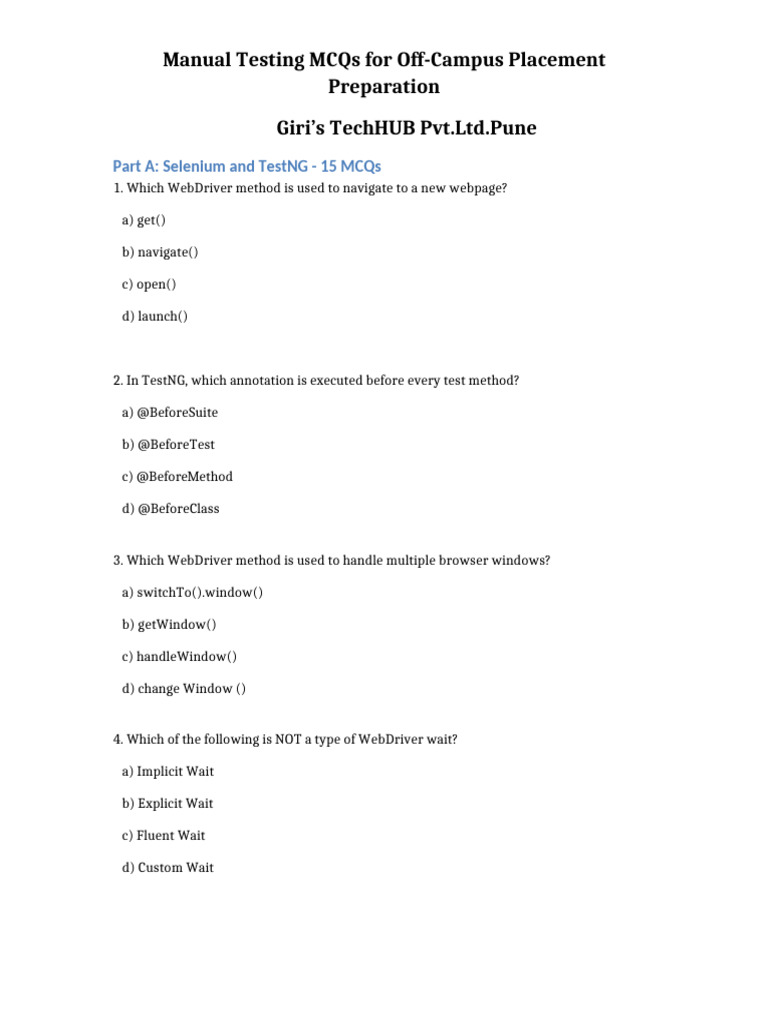 Manual Testing MCQs for Placement Prep | PDF | Software Testing | Unit ...