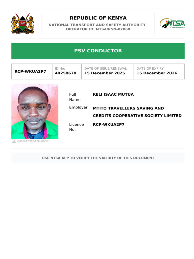 PSV Conductor License - Keli Isaac Mutua | PDF