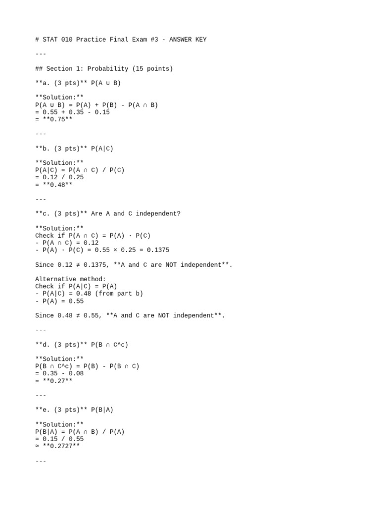 STAT 010 Final Exam Answer Key | PDF | Probability And Statistics ...