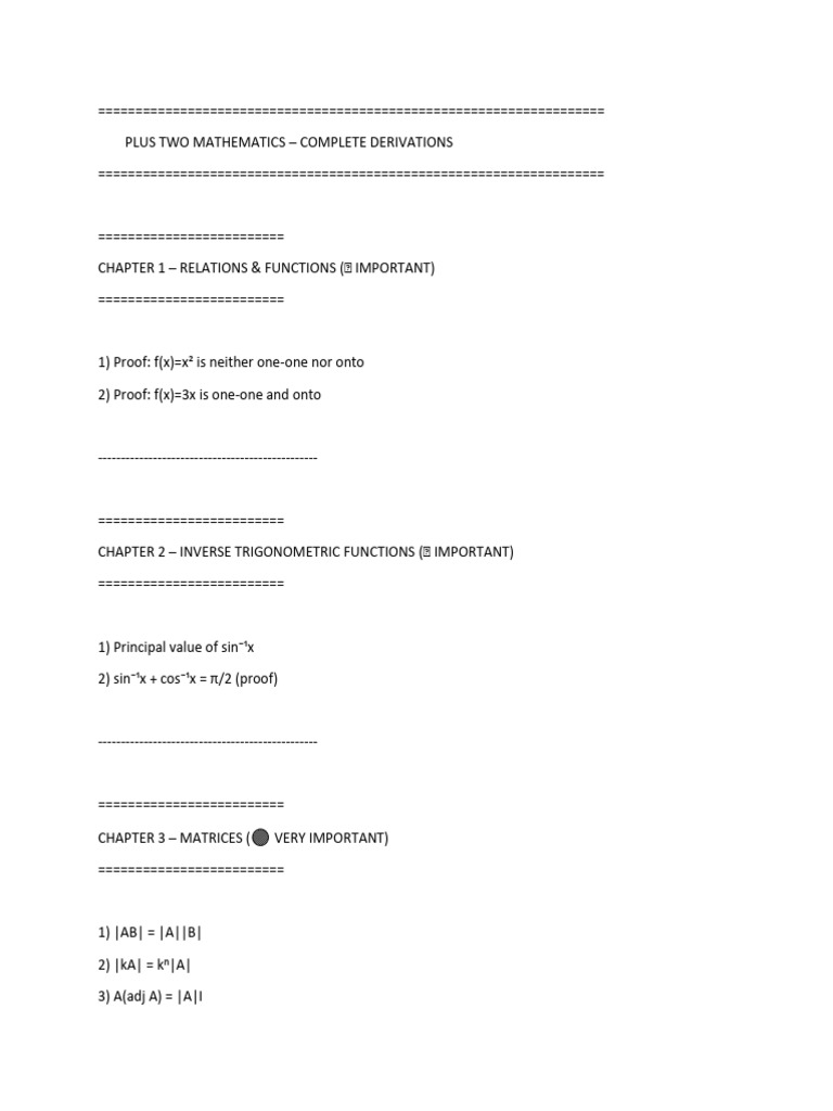 Plus Two Mathematics Derivations Guide | PDF | Equations | Determinant