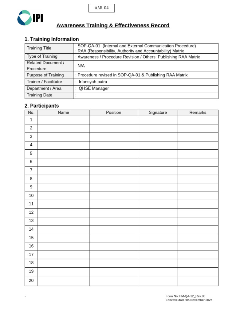 FM-QA-12 - Awareness Training Effectiveness Record... AAR-04 ...