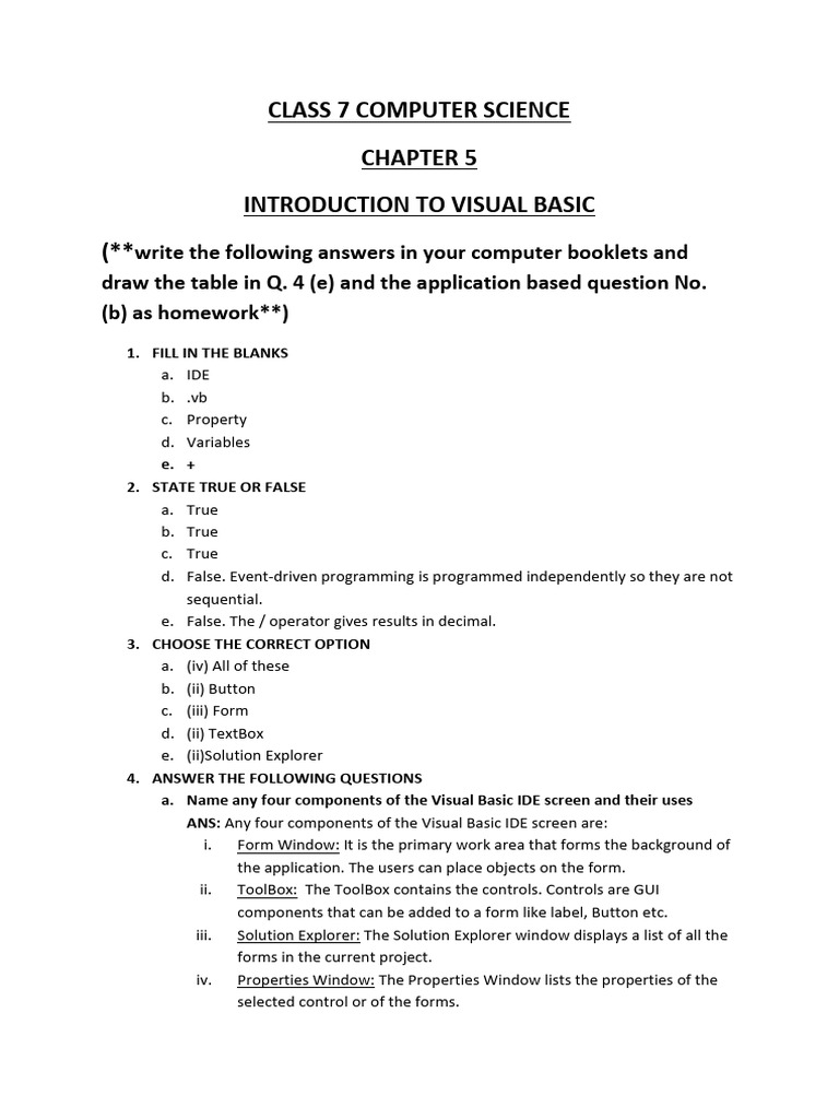 Class 7 Computer Science CHAPTER 5 (Introduction To Visual Basic) | PDF ...