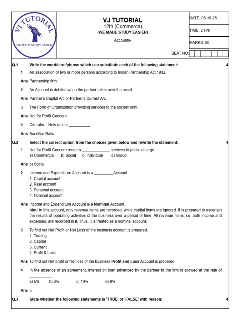 12th Commerce Accounts Exam Guide | PDF | Debits And Credits | Expense