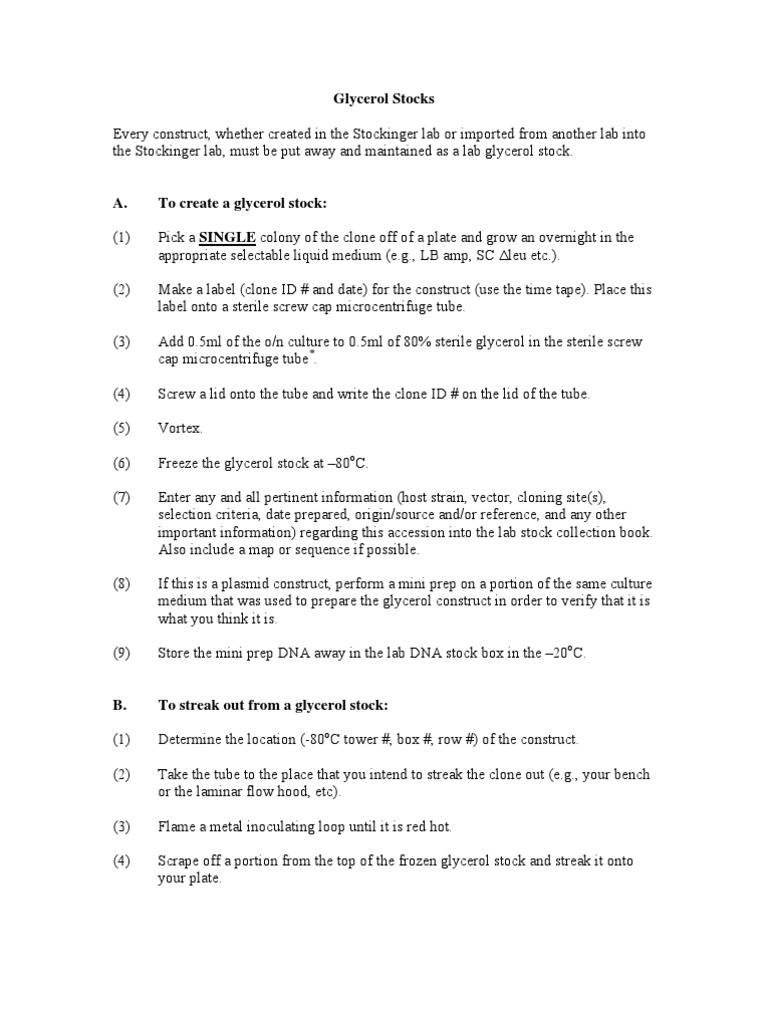 Glycerol Stocks Molecular Cloning Plasmid
