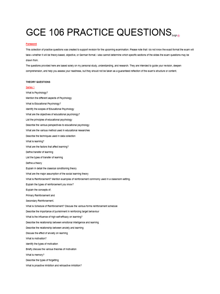 Gce 106 Practice Questions - Sxigh? | PDF | Educational Psychology ...