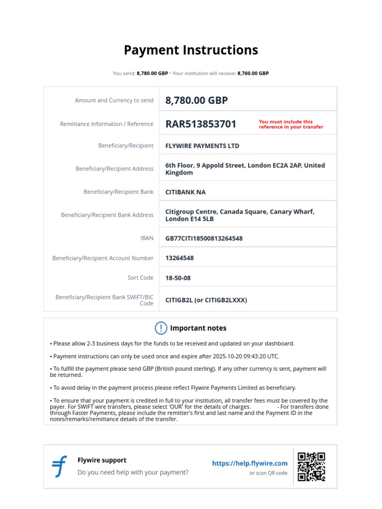 Flywire Payment Instructions for GBP Transfer | PDF | Wire Transfer ...