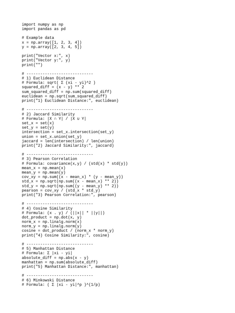 Distance and Similarity Metrics in Python | PDF | Standard Deviation ...