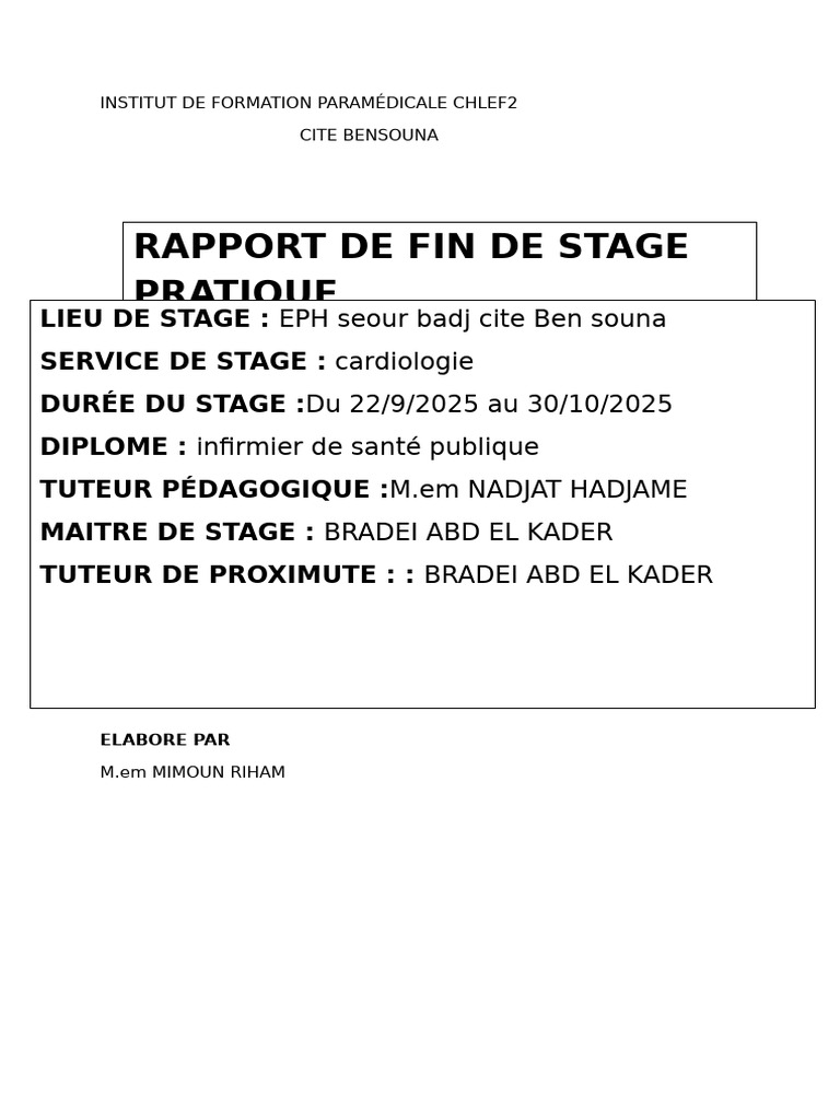 Rapport de stage en cardiologie 2025 | PDF