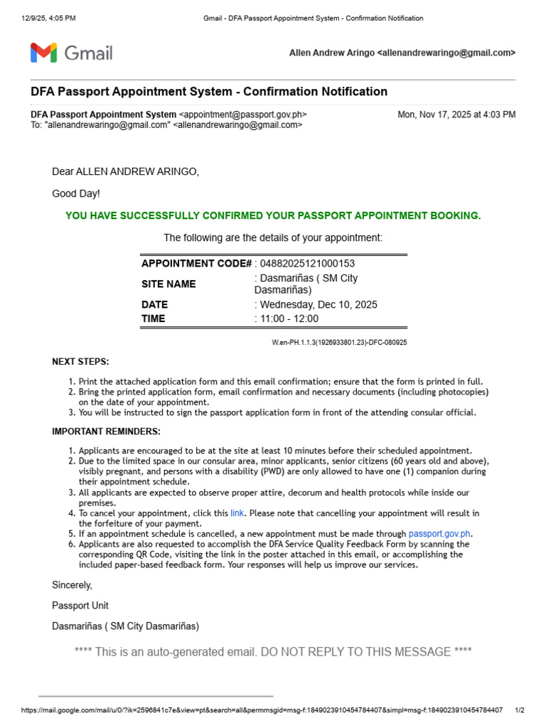 DFA Passport Appointment Confirmation | PDF