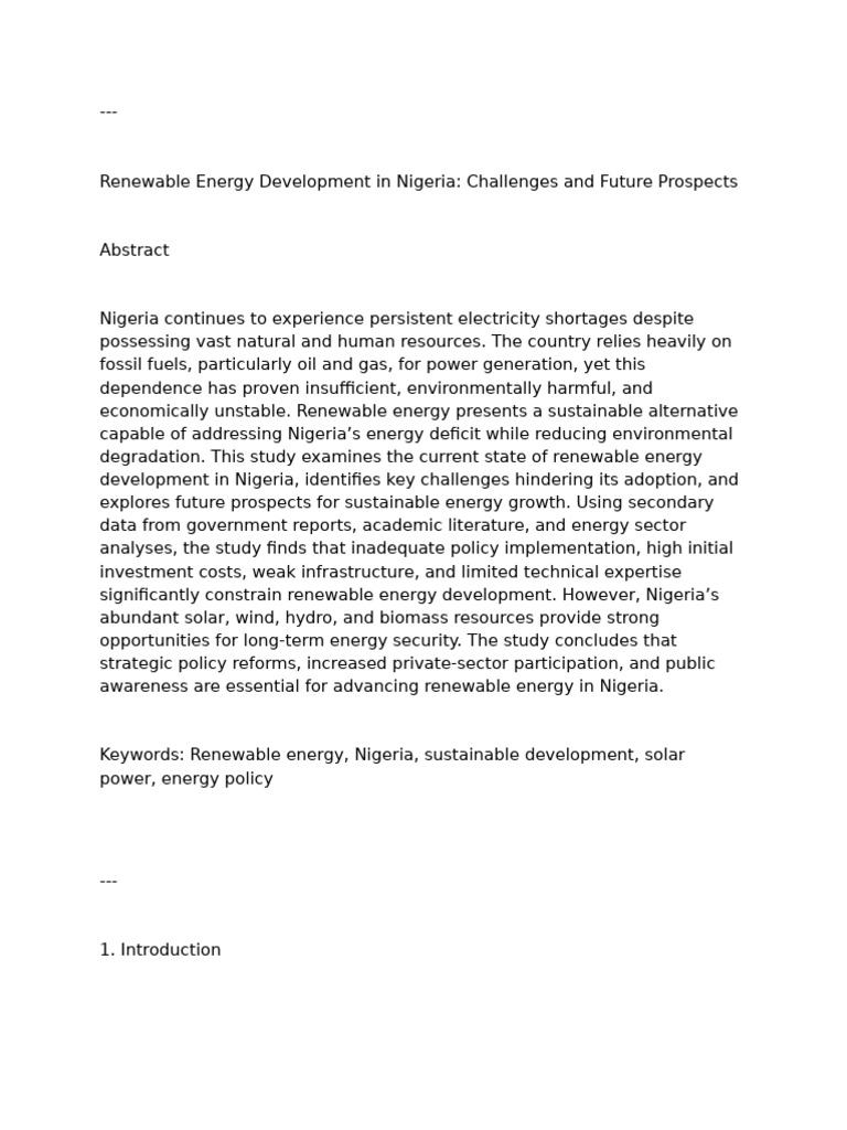 Renewable Energy Prospects in Nigeria | PDF | Renewable Energy | Energy ...