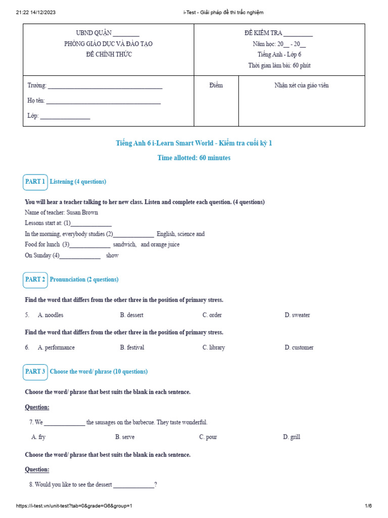 English Test for Grade 6 Students | PDF