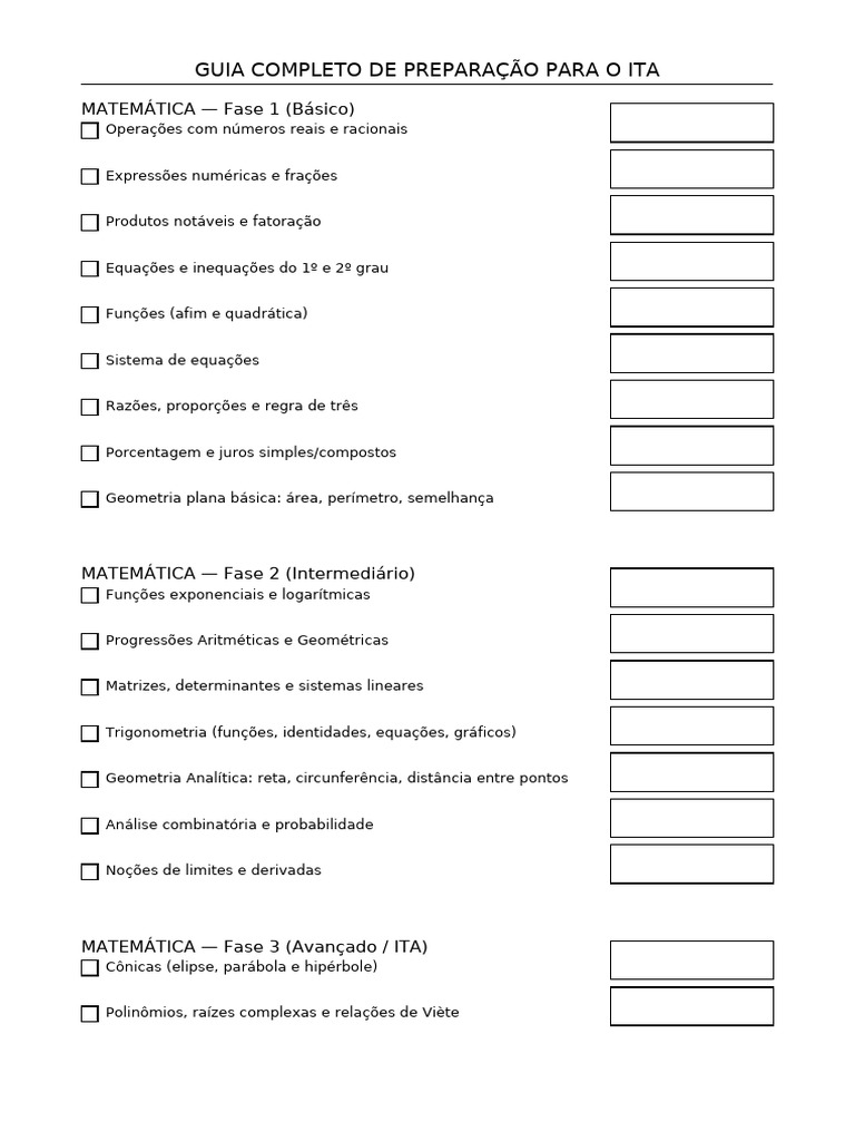 Guia de Matemática para o ITA: Fases e Conteúdos | PDF