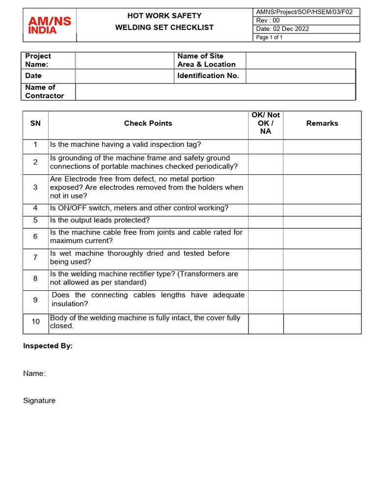 AMNS Project SOP HSEM 03 F02 Welding Set Cutting Checklist | PDF