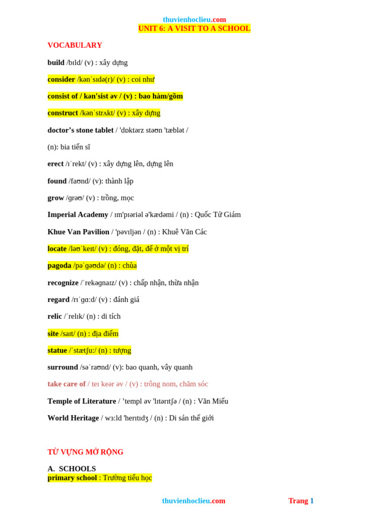 Bai Tap Bo Tro Tieng Anh 7 Global Unit 6 A VISIT To A SCHOOL | PDF
