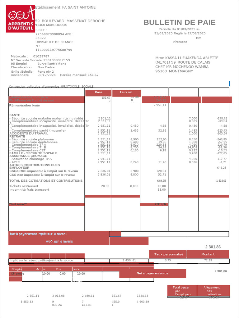 Bulletin de paie mars 2025 - FA Saint Antoine | PDF | Impôt sur le ...