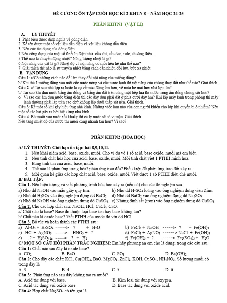 Đề Cương on Tập Cuối Kì 2 Khtn 8 Nh 24-25 | PDF