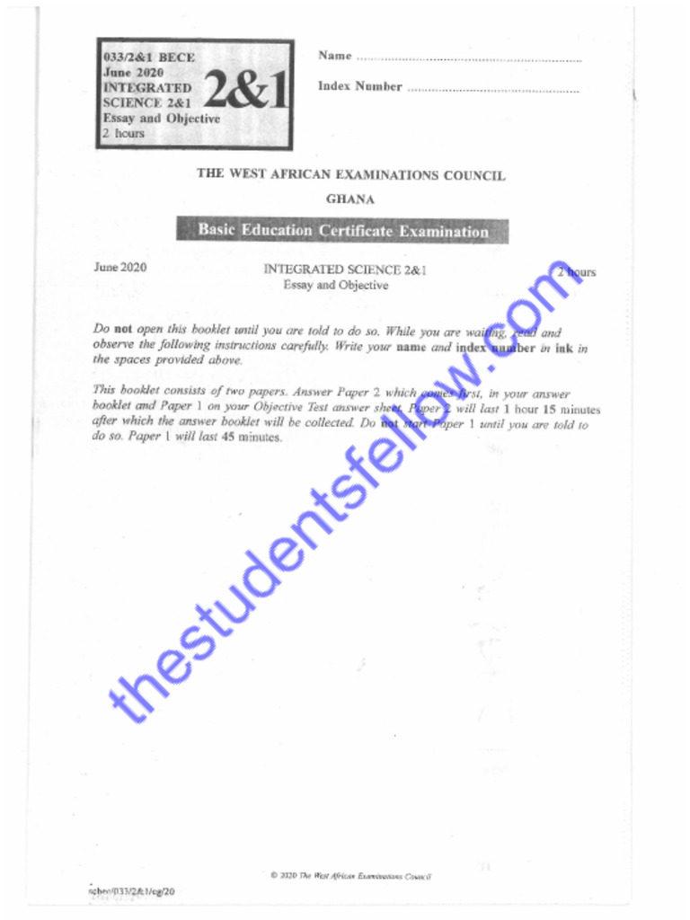 BECE Intergrated Science Past Question 2020 | PDF