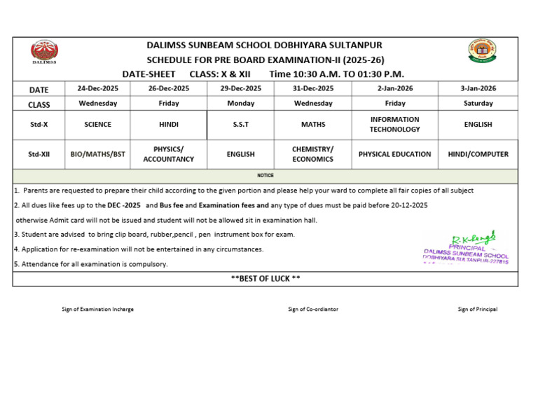 Pre Board Exam Schedule 2025-26 | PDF