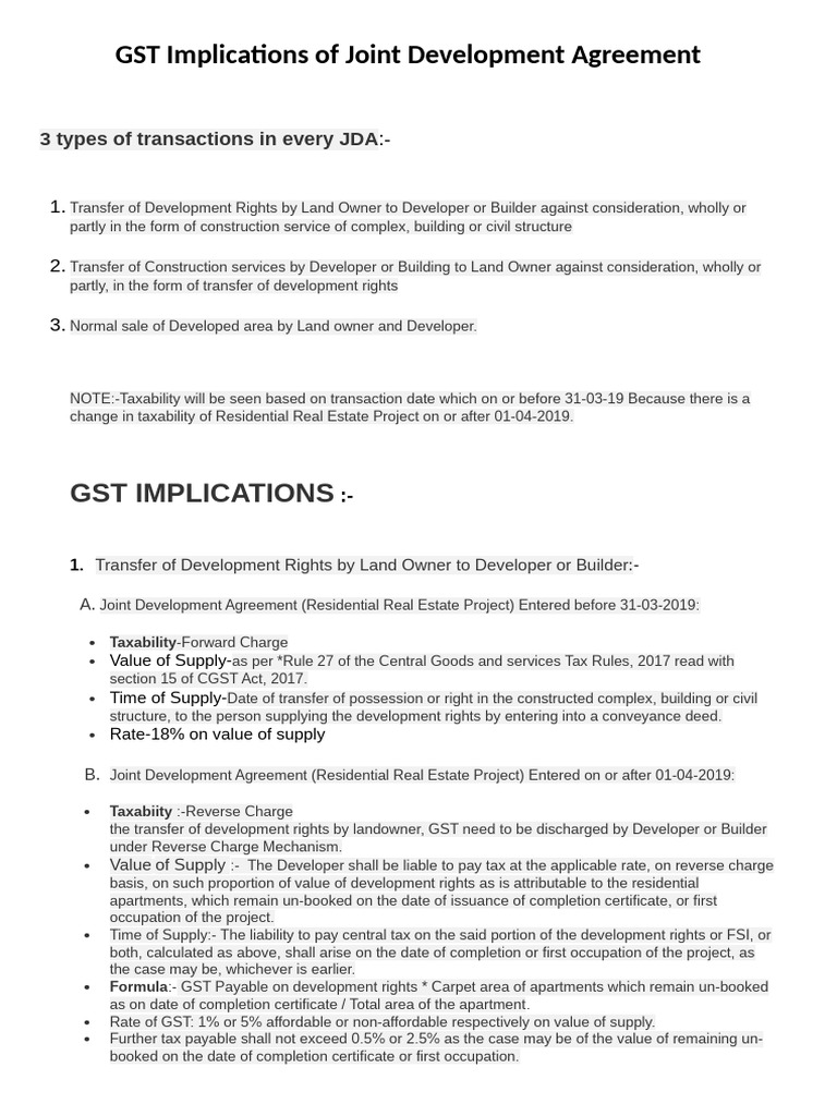 GST on Joint Development Agreements | PDF | Taxes | Value Added Tax