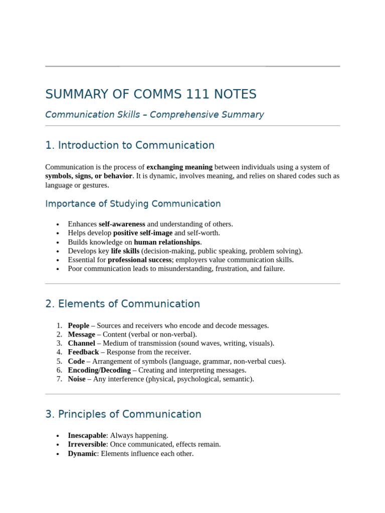 comms notes summary | PDF | Communication | Nonverbal Communication