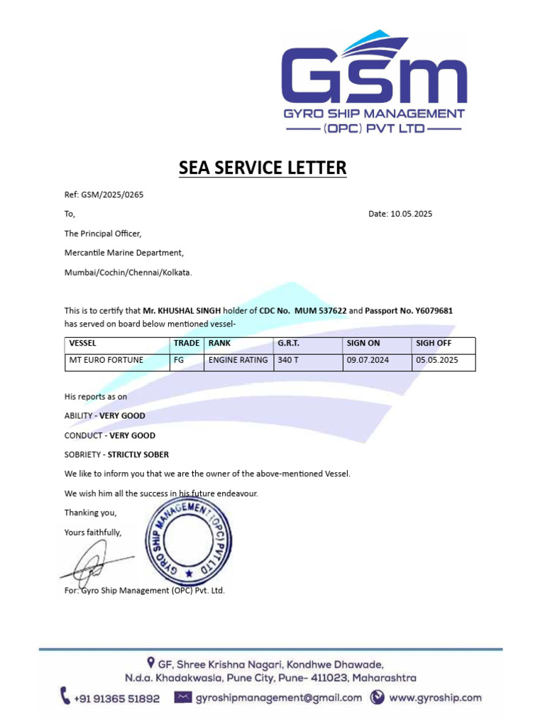 Sea Services Khushal Singh | PDF