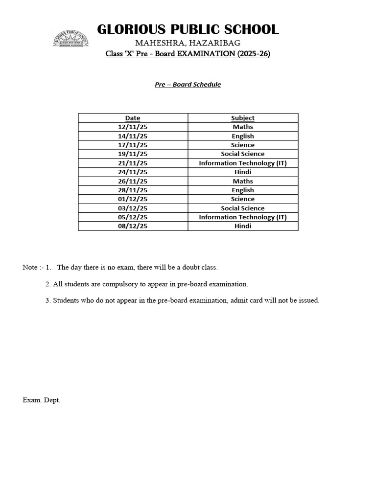 Pre - Board Class - X Schedule 2025 | PDF