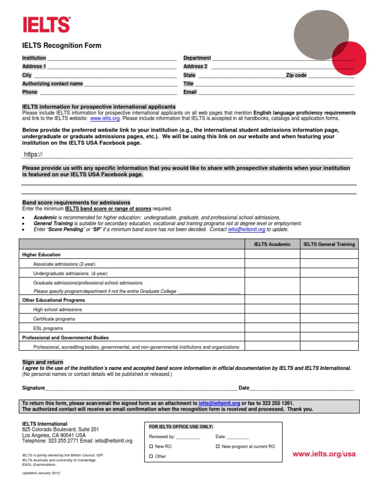 IELTS US Recognition Form 2012 | PDF | International English Language ...