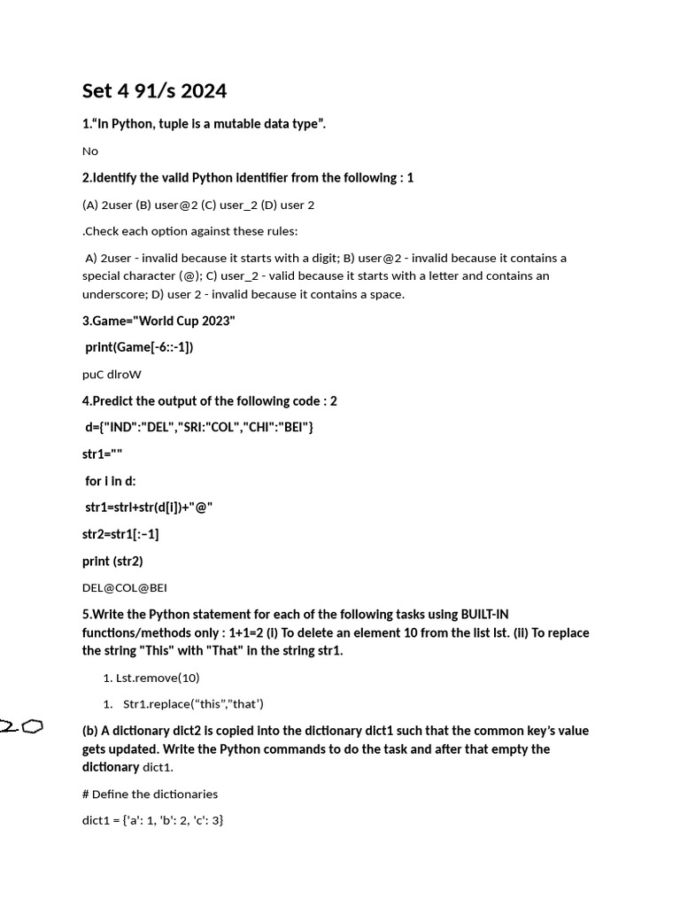 Python Programming Exam Questions and Answers | PDF | Python ...