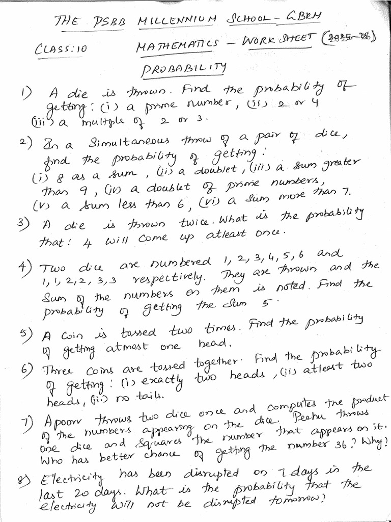 STD 10 Math Probability Ws (24-25) | PDF