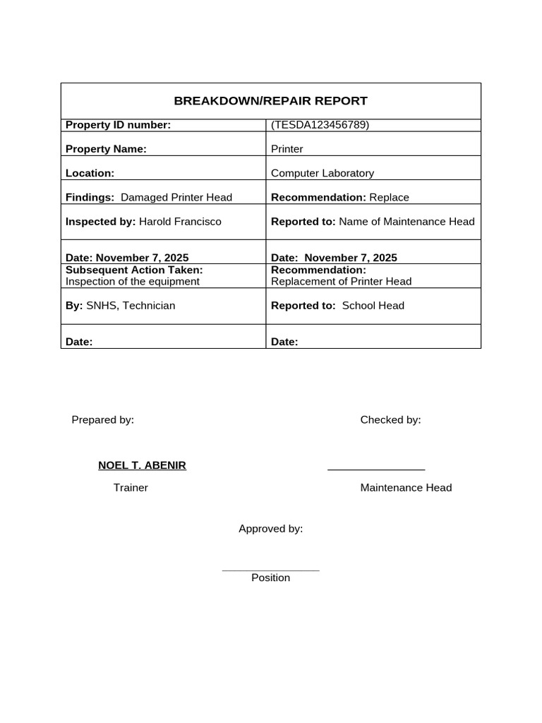Printer Repair Report - Damaged Head | PDF