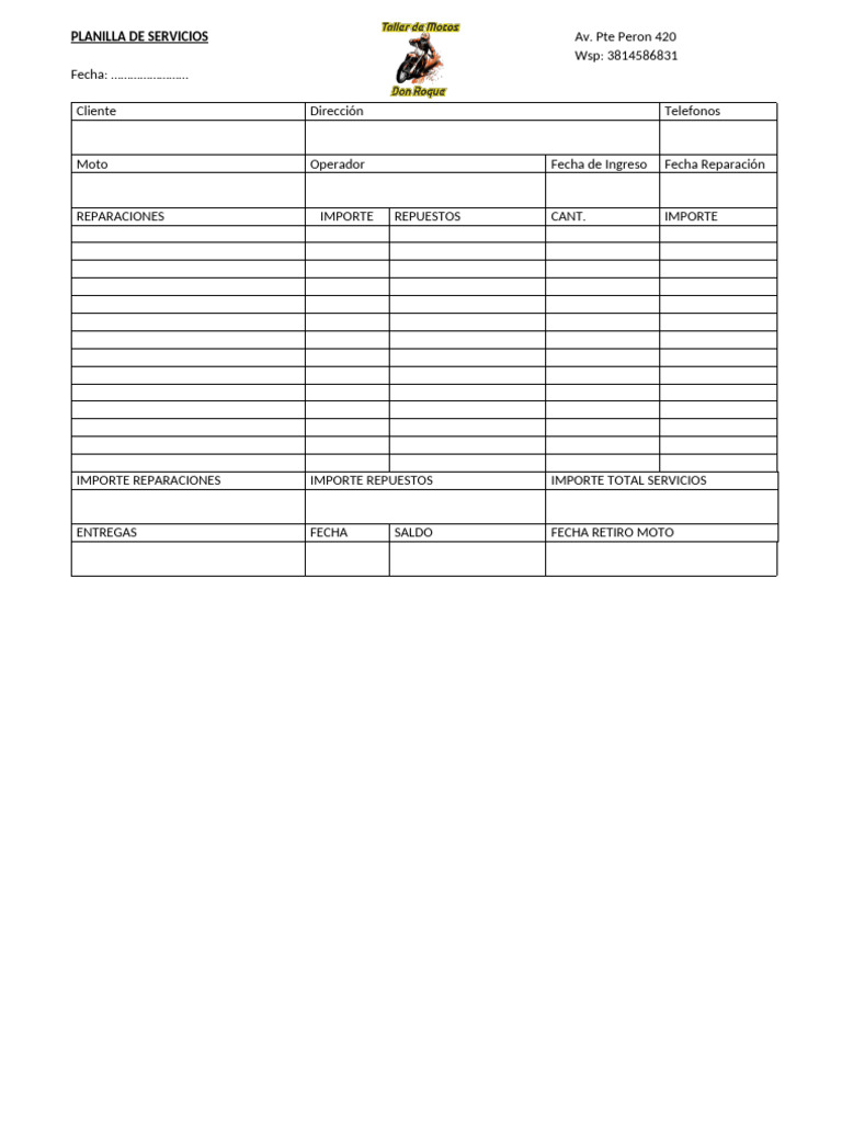 Planilla de Servicios Moto Don Roque | PDF