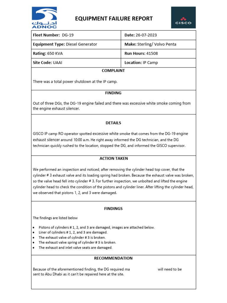 Diesel Generator Failure Report DG-19 | PDF