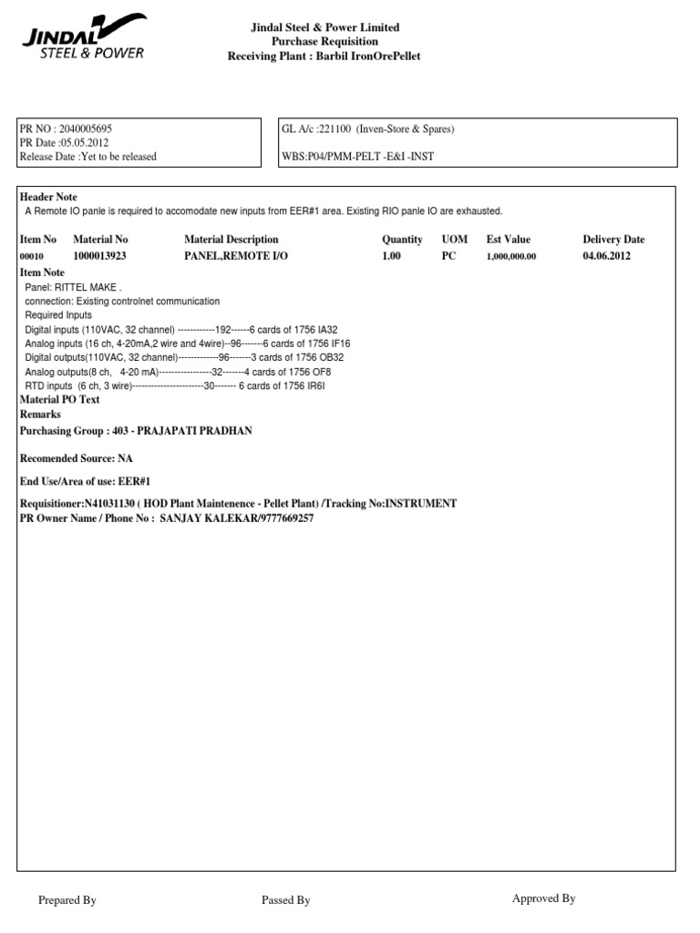 Remote I/O Panel Purchase Requisition | PDF