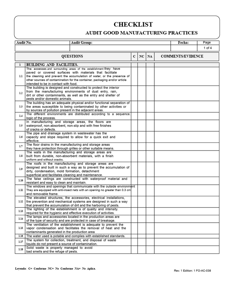 GMP Audit Checklist for Food Safety | PDF | Hygiene | Hand Washing