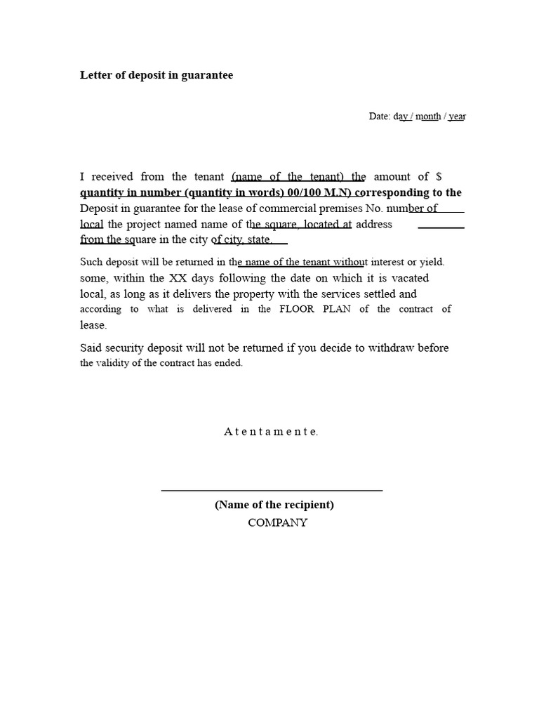 Photo inspiration: Picture Idea: Letter Of Deposit In Guarantee