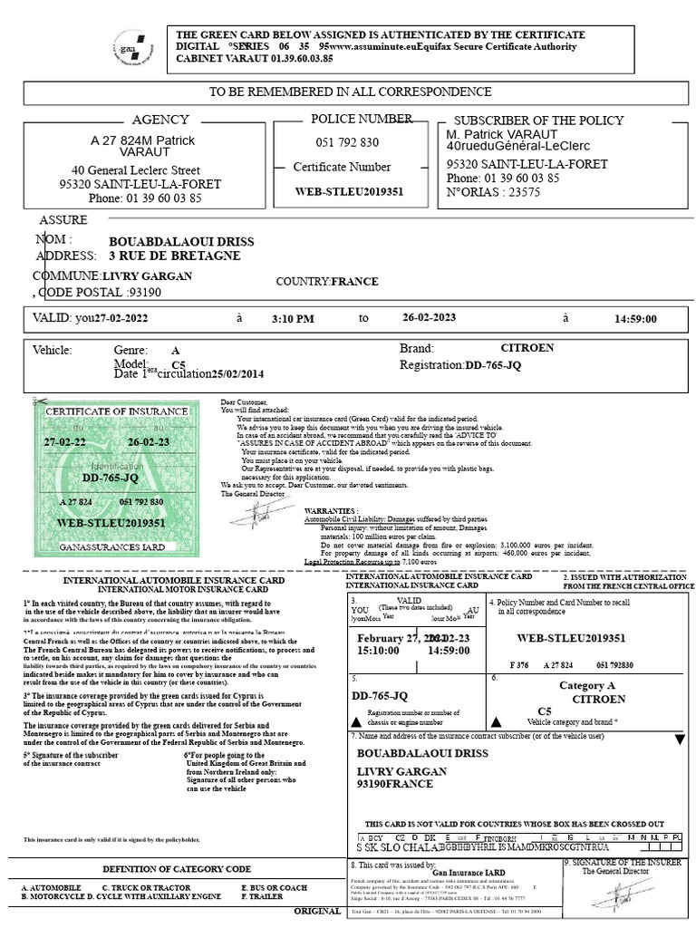 International Car Insurance Green Card | PDF | Vehicle Insurance ...