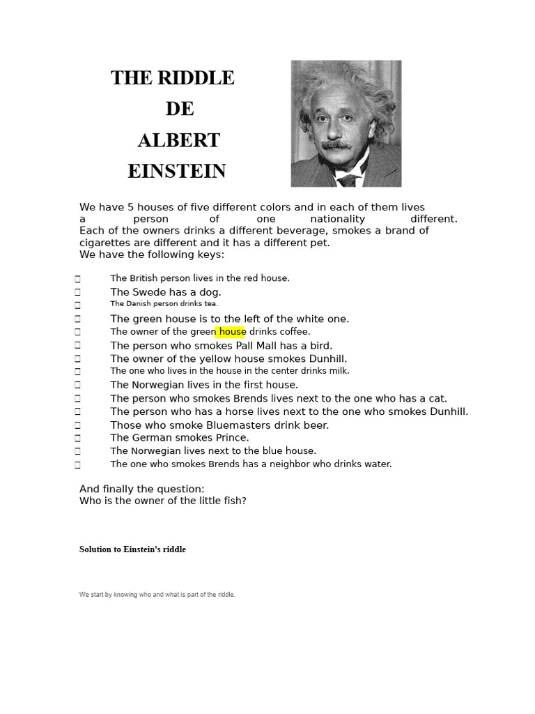 Einstein's Riddle.docx | PDF | Coffeehouse | Drink