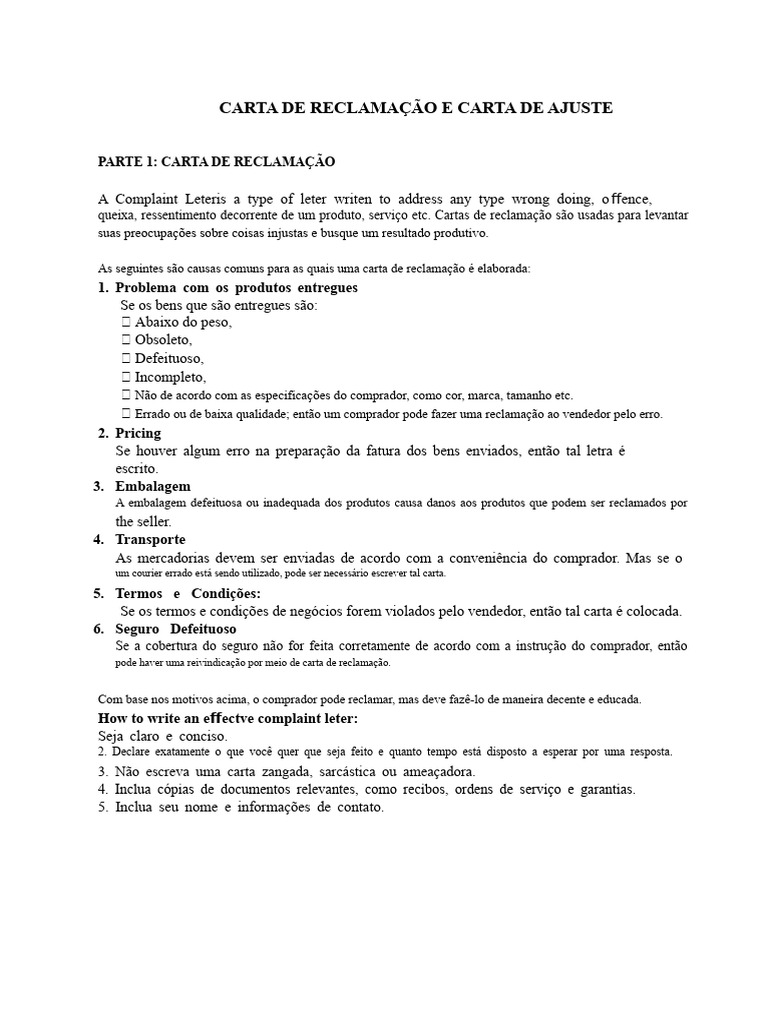 Cartas de Reclamação e Ajuste: Guia Completo | PDF | Marketing