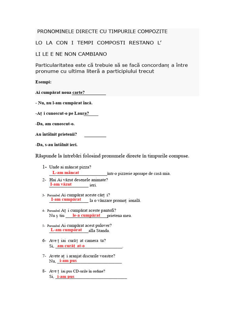 Pronominele Directe Cu Timpurile Compuse | PDF