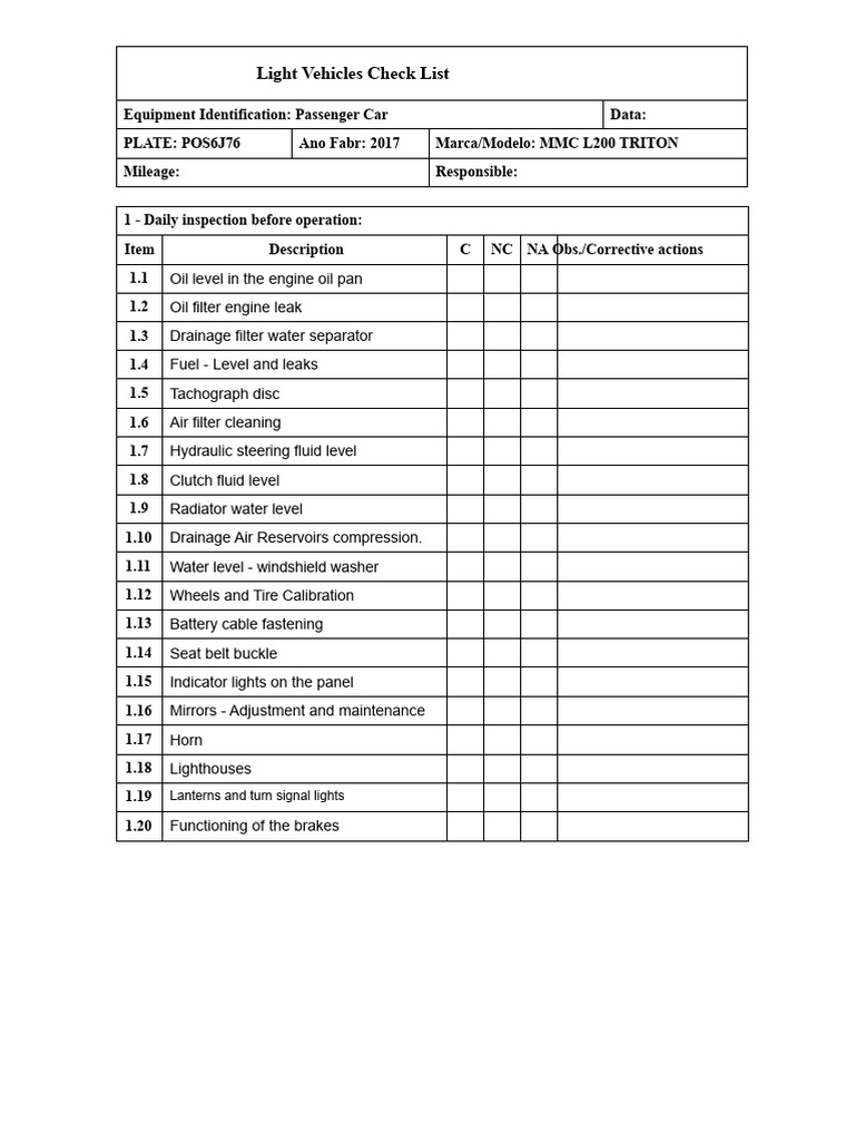 Light Vehicle Inspection Checklist | PDF | Brake | Steering